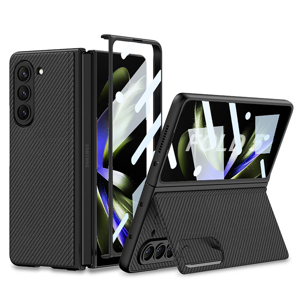 Plain Leather Case for Samsung Galaxy Z Fold 5 Ultra-thin Bracket Holster Shell-membrane Drop Full Protection Cover