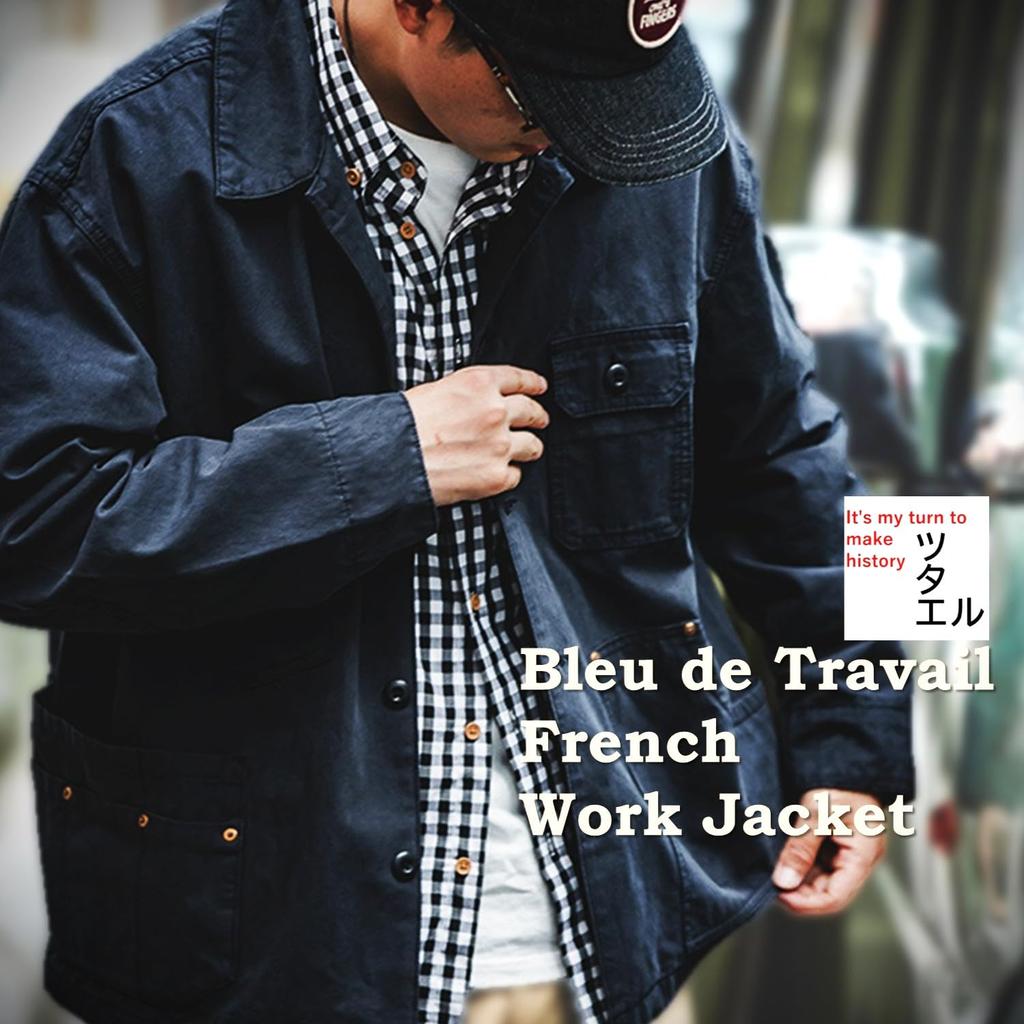Tsutaeru French Work Herringbone American Vintage Style BLEU DE Men's Jacket, Weave, 100% Cotton, Fall/Winter Coverall, Casual, (JP, Alphabet, M,