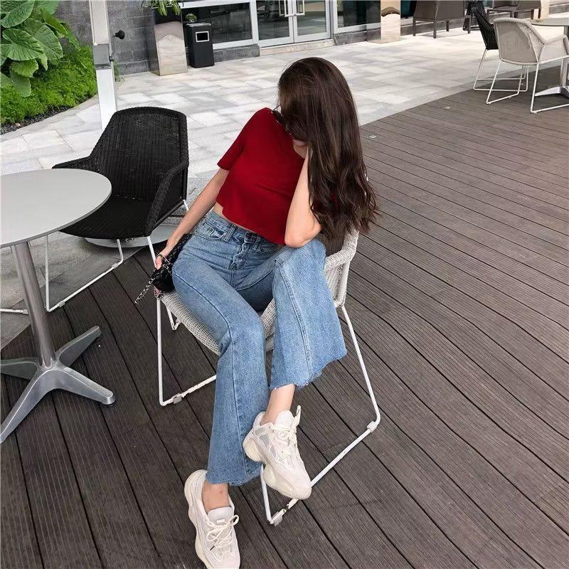 Retro Hong Kong Style High-Waisted Flared Denim Pants - Women's Slim Fit for Spring & Autumn