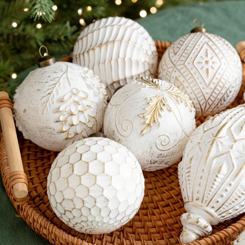 Antique Christmas Bauble Set In White with Aged Gold-Colored Trim, Angular Relief Motifs, and Hanging Rings for Holiday Tree, Mantels Displays