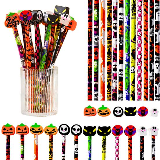 Kids Halloween Stationery 12 Pcs Pencils with 3D Skull Ghost Pumpkin Cat Erasers, Wood Bulk for Goodie Bags, School Classroom Rewards Supplies