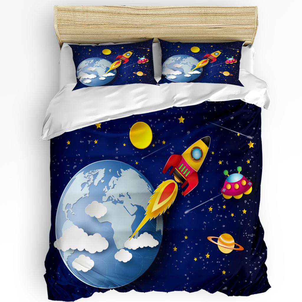 3pcs Bedding Set Rocket Flying Cartoon Universe Space White Duvet Cover Pillow Case Boy Kid Teen Girl Bedding Covers Set