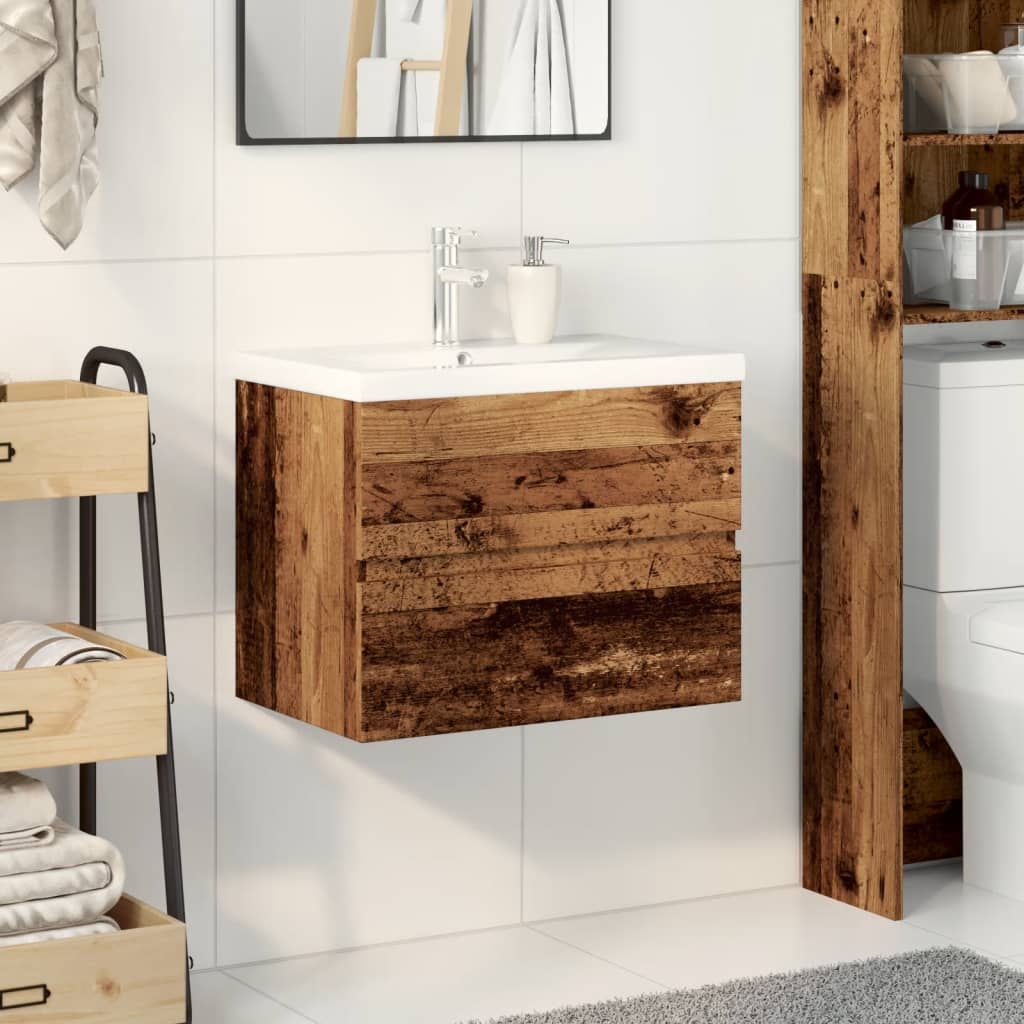 Washbasin Cabinet with Built In Basin Rustic Wood Look