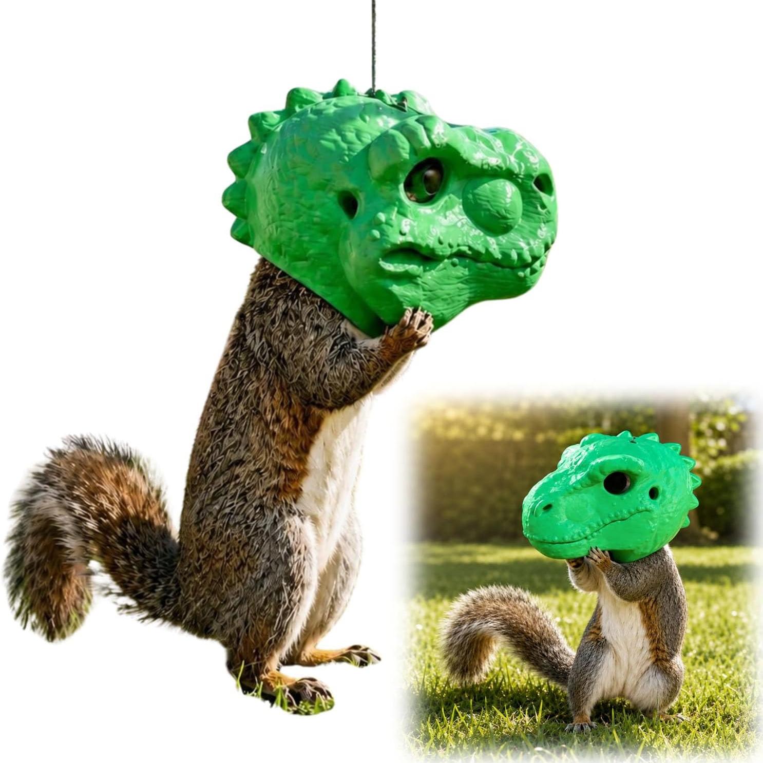 Dinosaur Head Squirrel Feeder, Animal Head Hanging Squirrel Feeders for Outside Funny Garden Outdoor Yard Decor
