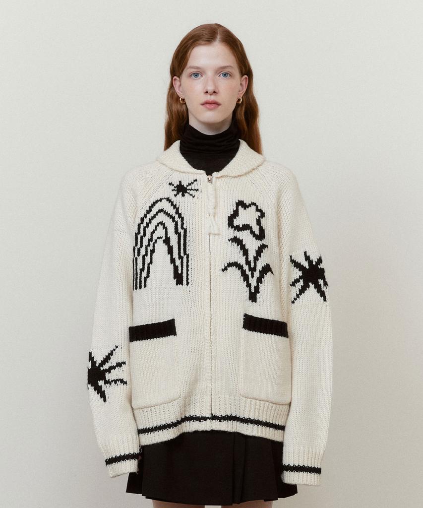 Fallett Drawing Garden Cowichan Knit Zip-Up Navy