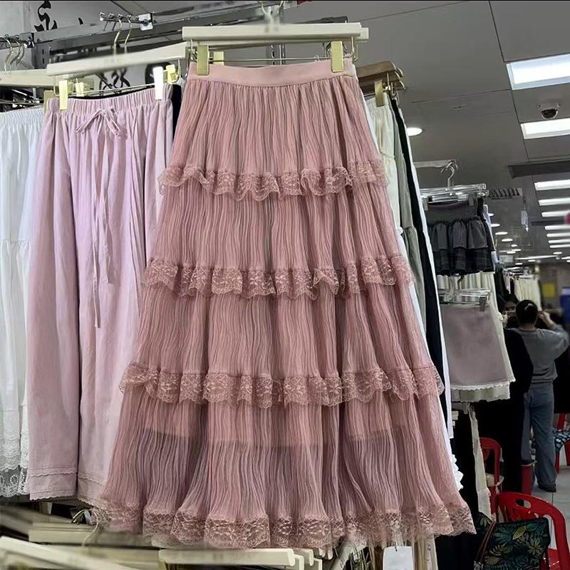 2025 Spring/Summer Women's Lace & Tulle Tiered Midi Skirt with Elastic Waist