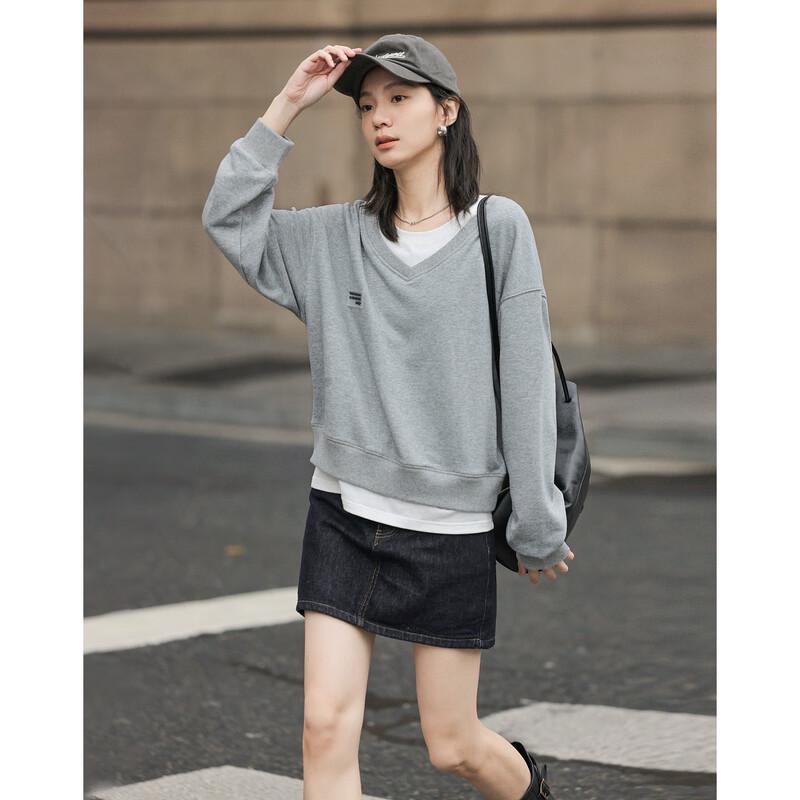 Demana Women s Color Block Faux Two-Piece Spliced Round Neck Sweatshirt M