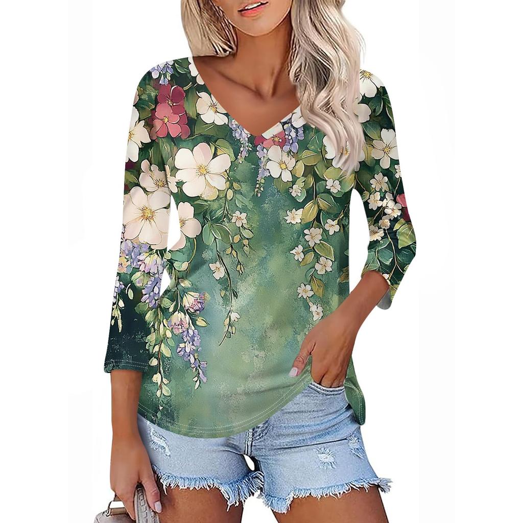 Women's T Shirt Tee Print 3/4 Sleeve Daily Weekend Fashion Basic V Neck  Regular Top