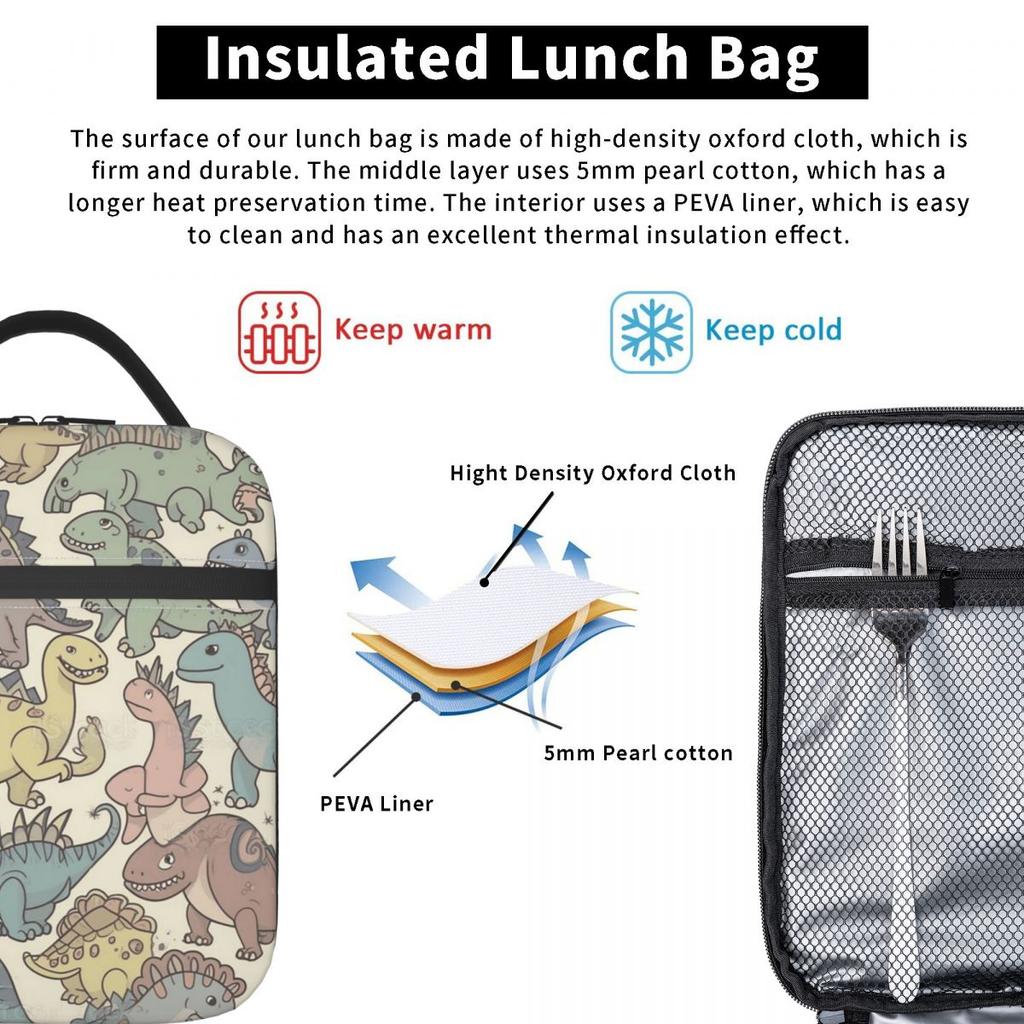 Cartoon Helle Farbe Dinosaurier Muster Isolierte Lunchtasche für Damen Kinder Auslaufsichere Lebensmittelboxen Thermische Lunchbox Tragetasche