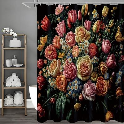 Frühlingsbunter Blumenduschvorhang, Dekorativer Duschvorhang für das Badezimmer, Wasserdichter Duschvorhang mit Haken