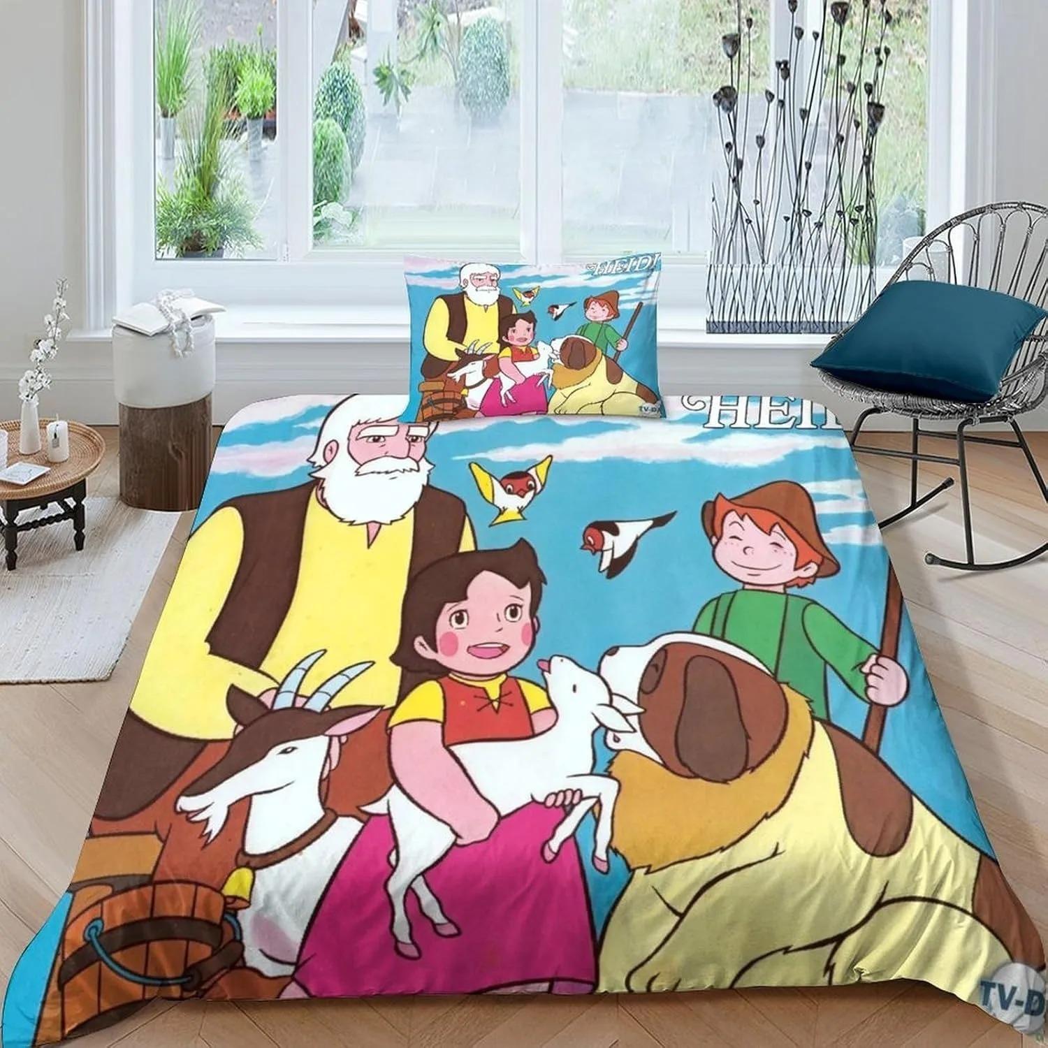 Ensemble de literie dessin animé Heidi, Housse de couette simple/double et 2/3 taies d'oreiller, Décor de chambre à coucher, Cadeau pour filles 100x135cm blue