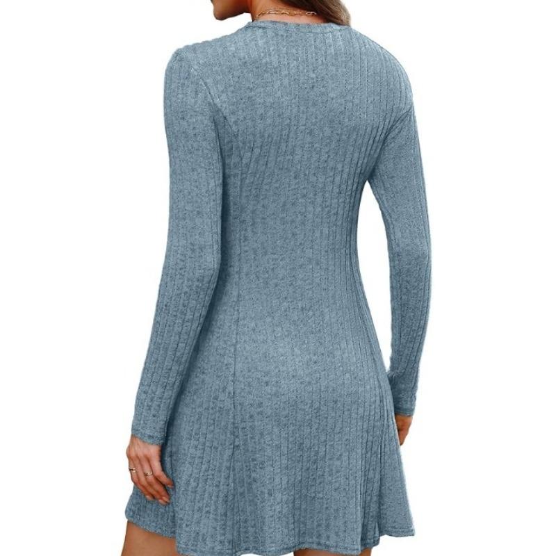 JKASHDK Women's Fashion Spring Fall Solid Color Print Long Sleeve O-Neck High Waist  Casual Dresses