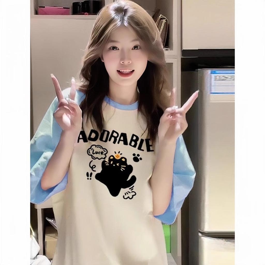 summer pure cotton Women funny cartoon Print T-Shirt harajuku Round Neck oversize Casual Y2K Tops young girl Color block t shirts streetwear