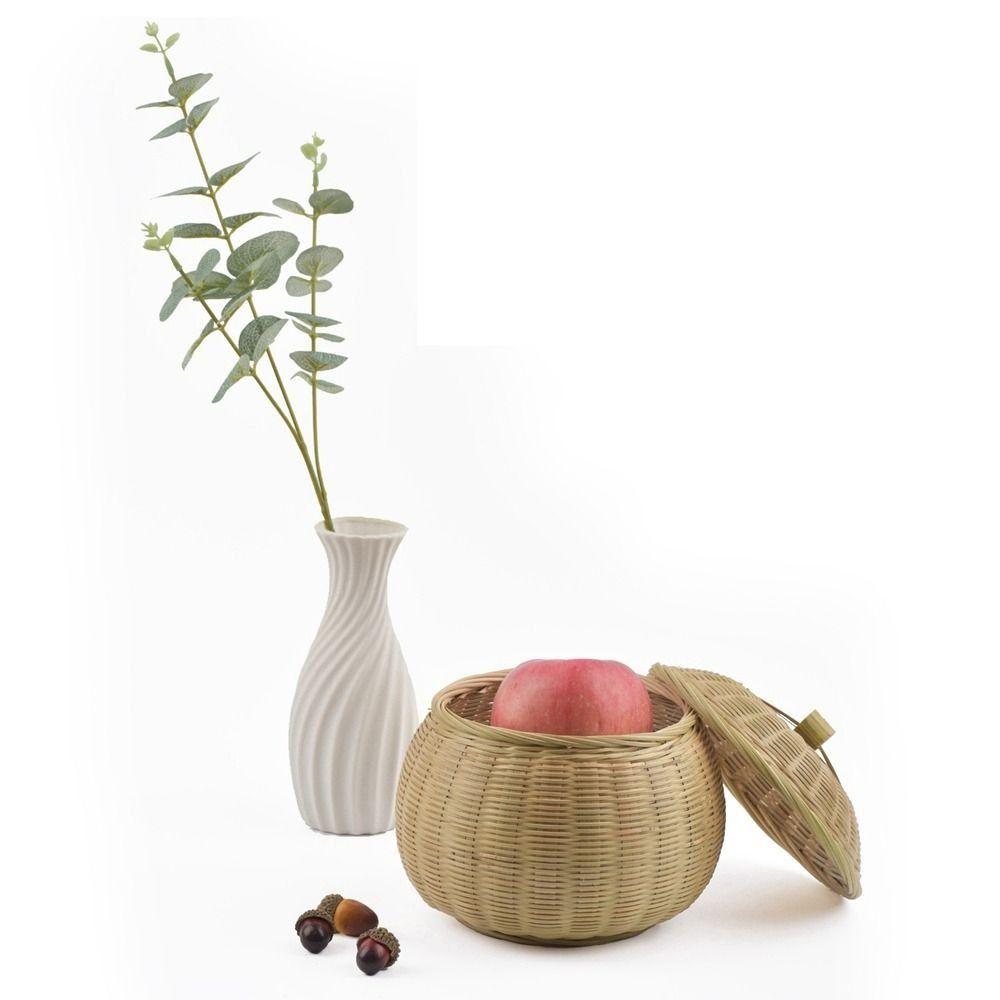 Vegetable Food Hand Woven Storage Basket Durable Wicker Tray Multi-Purpose Storage Box with Lid Home Organizer Round