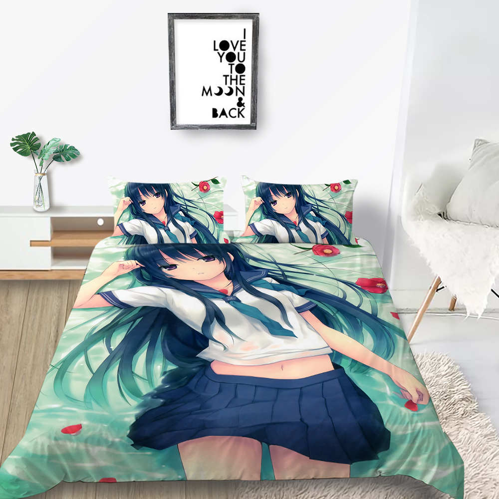 3D Animation Bishōjo Bedding Set, Curtilage Male Room Duvet Cover 2/3 Pieces, Anime Beautiful Woman DE135 * 200 Full Size Soft Home Decoration