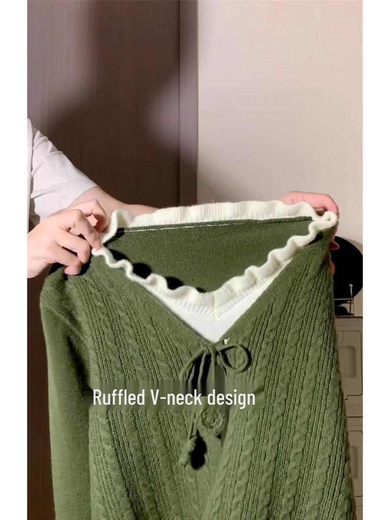 Green Faux Two-Piece Knitted Sweater Dress – Women's Korean Style Plaid Long Dress for Spring & Autumn
