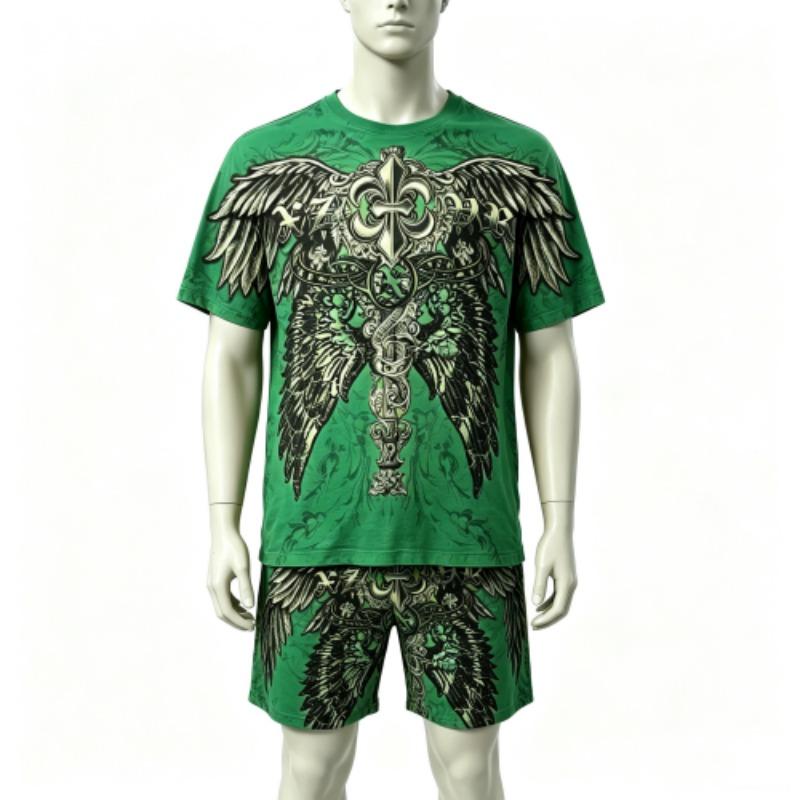 Fashion Summer Casual Retro Angel Wing Printed Round Neck Short Sleeved T-Shirt And Shorts Set Men's and Women's T-shirt Shorts Set