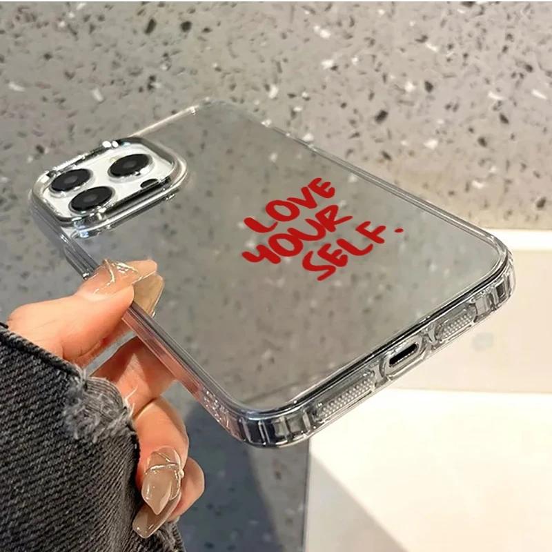 Red Letter Love Yourself Makeup Mirror Phone Case For iPhone 17 AIR 16 15 14 13 12 11 PRO MAX PLUS Y2K Bumper Red Quote Cover