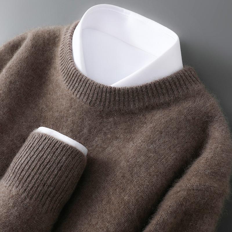 Herren Pullover aus reiner Wolle, schwer, Rundhalsausschnitt, lockere Passform, warm, einfarbig, ideale Basisschicht für Herbst/Winter.