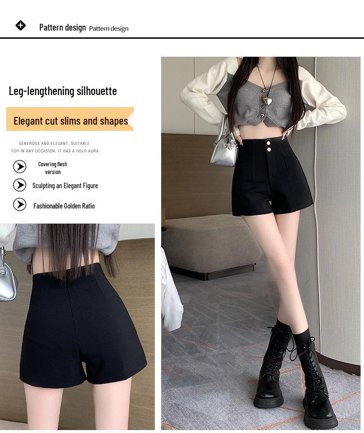 Women's High-Waist A-Line Black Suit Shorts - Summer 2024 - Slimming Fit with Elastic Waistband.