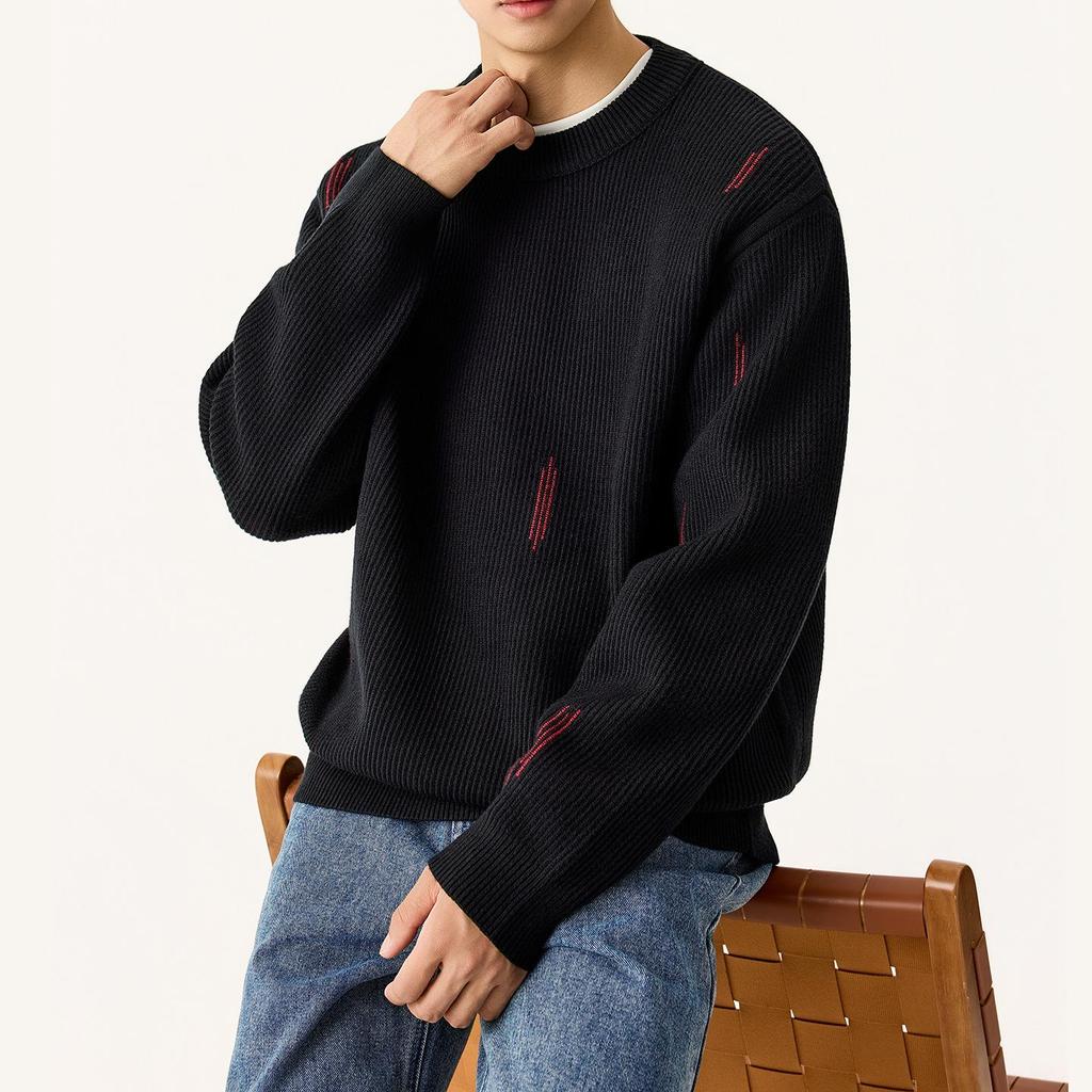 Men's High-End Round Neck Knit Sweater - Black & Red, Warm Autumn/Winter Inner Wear, In Stock with Tags