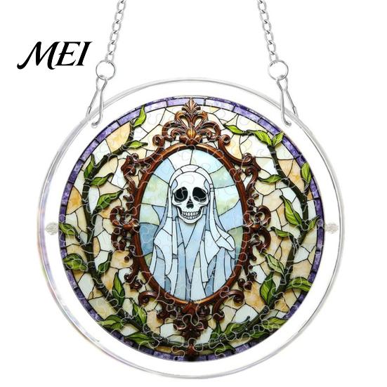 Decorative Glass Effect Pendant Halloween Acrylic Puzzle Window Suncatcher, Stained Style Hanging Ornament Retro Skeleton Pumpkin Crow with