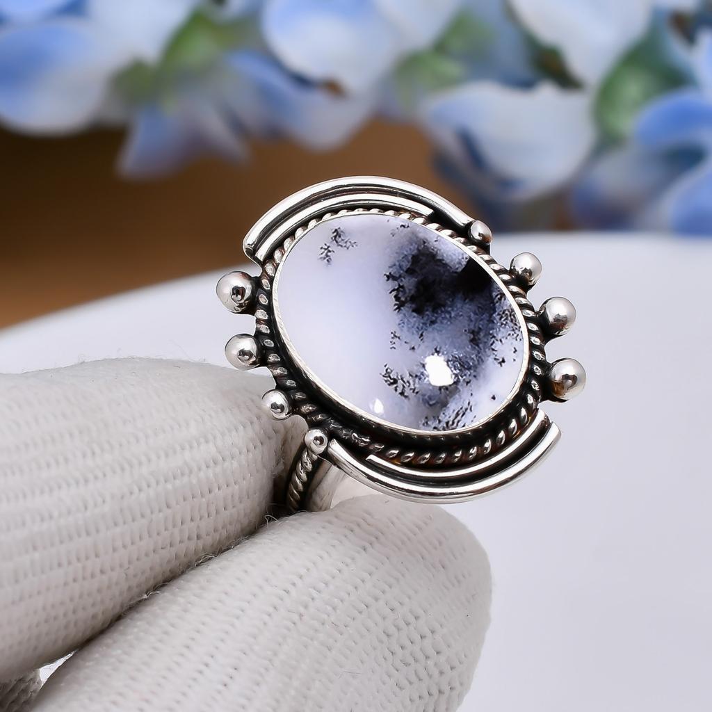 Dendritic Agate - Brazil 925 Sterling Silver Ring V5027, White Ring, Oval Ring, Valentin's Day Gift, Gift For Her, Birthday Gift, Handmade Jewelry, Si