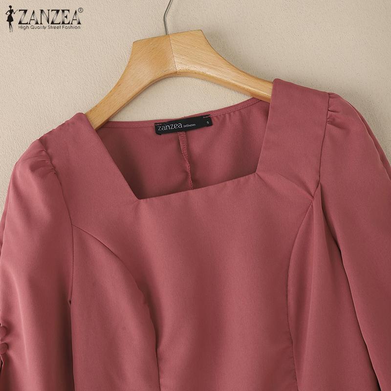 ZANZEA Women Elegant Square Neck Casual Split 3/4 Sleeve Plain Blouse