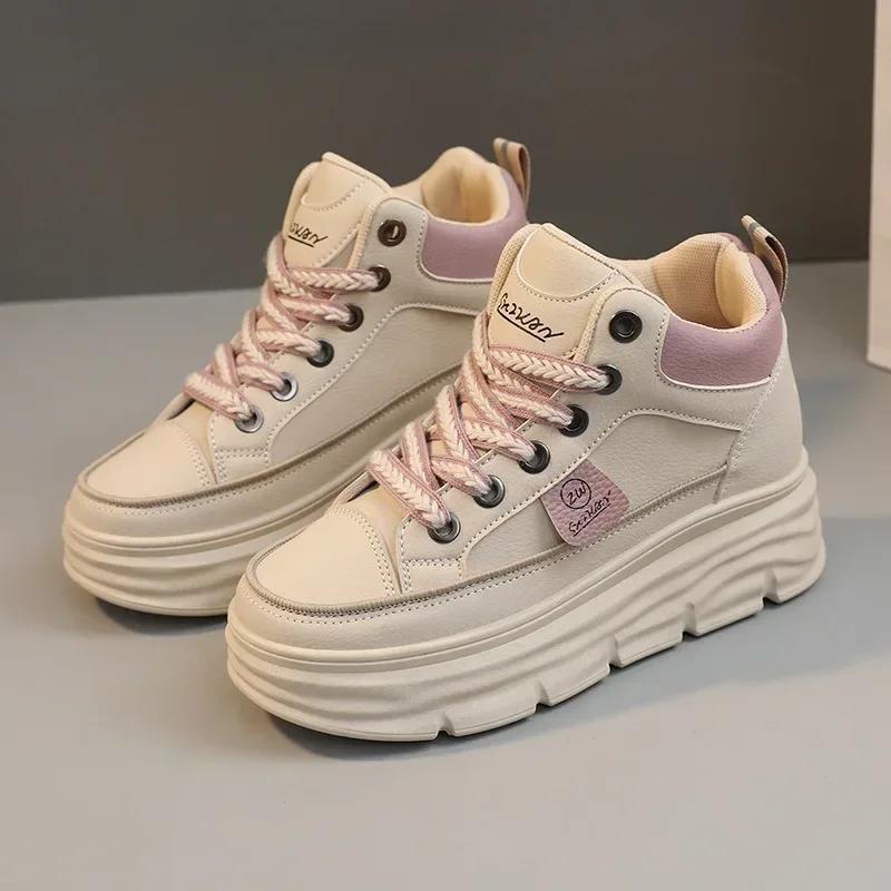 Women Sneakers Thick Sole Increase Walking Shoes for Women Leather High Top Boots White Vulcanized Shoes