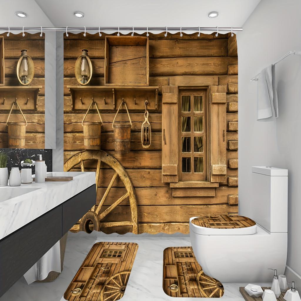 Cozy Rustic Wooden Cabin In Forest Bathroom Set - Waterproof Shower Curtain, Toilet Lid Cover, Bath Mat, And Contour Mat