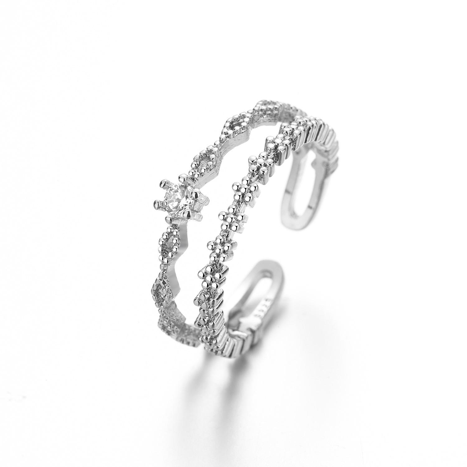 

CIAXY Silver Color Inlaid Zircon Double Layer Chain Rings for Women Weddding Adjustable Pearl Ring Fashion Jewelry anillos mujer resizable