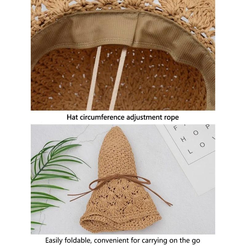 Women's Handmade Straw Panama Hat Summer Fashion Bowknot Foldable Wide Brim Sunscreen Cap for Outdoor Beach UV Protection