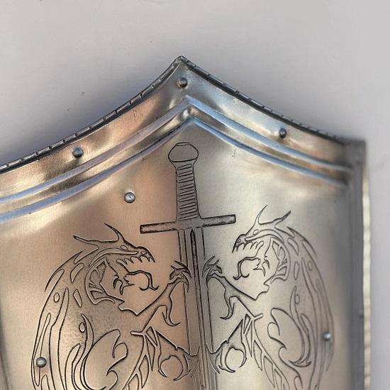 Medieval Etched Dragon Templar Shield Metal Shield Larp Cosplay  Display Shield Halloween Costume