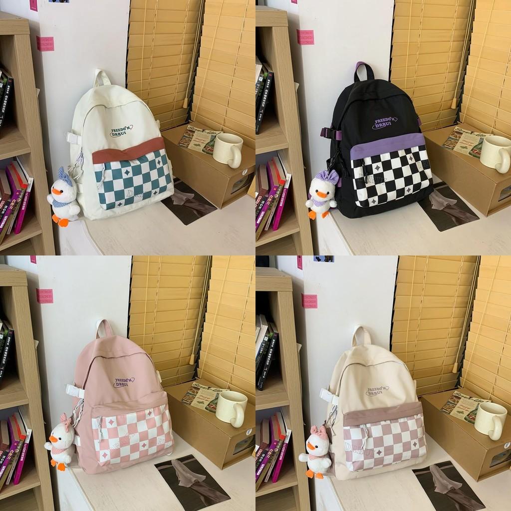 Simplified Checkered Letter Pattern Student Backpack With Plush Pendant For Middle School Students