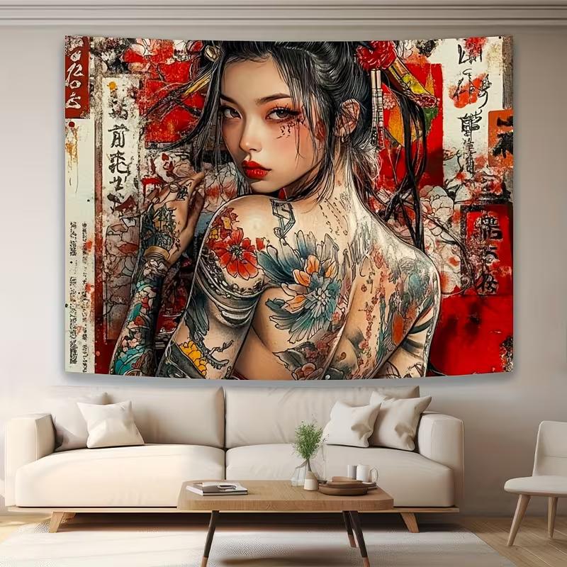 2D Yakuza Style Geisha Tapestry, Tattooed Woman with Cherry Blossom Print Wall Hanging