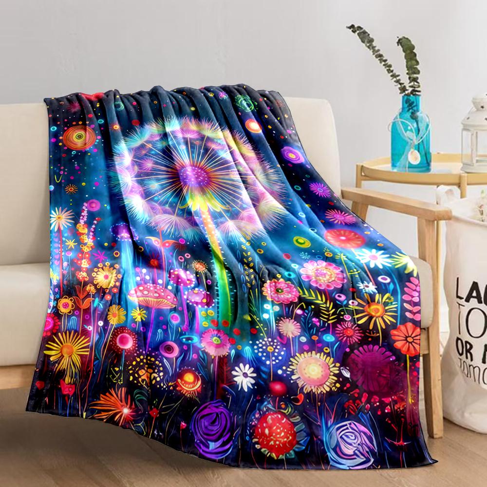 Colorful Dandelion and Flower Pattern Blanket with Starry Design Blanket, Suitable for Use In the Bedroom, Living Room, On the Sofa