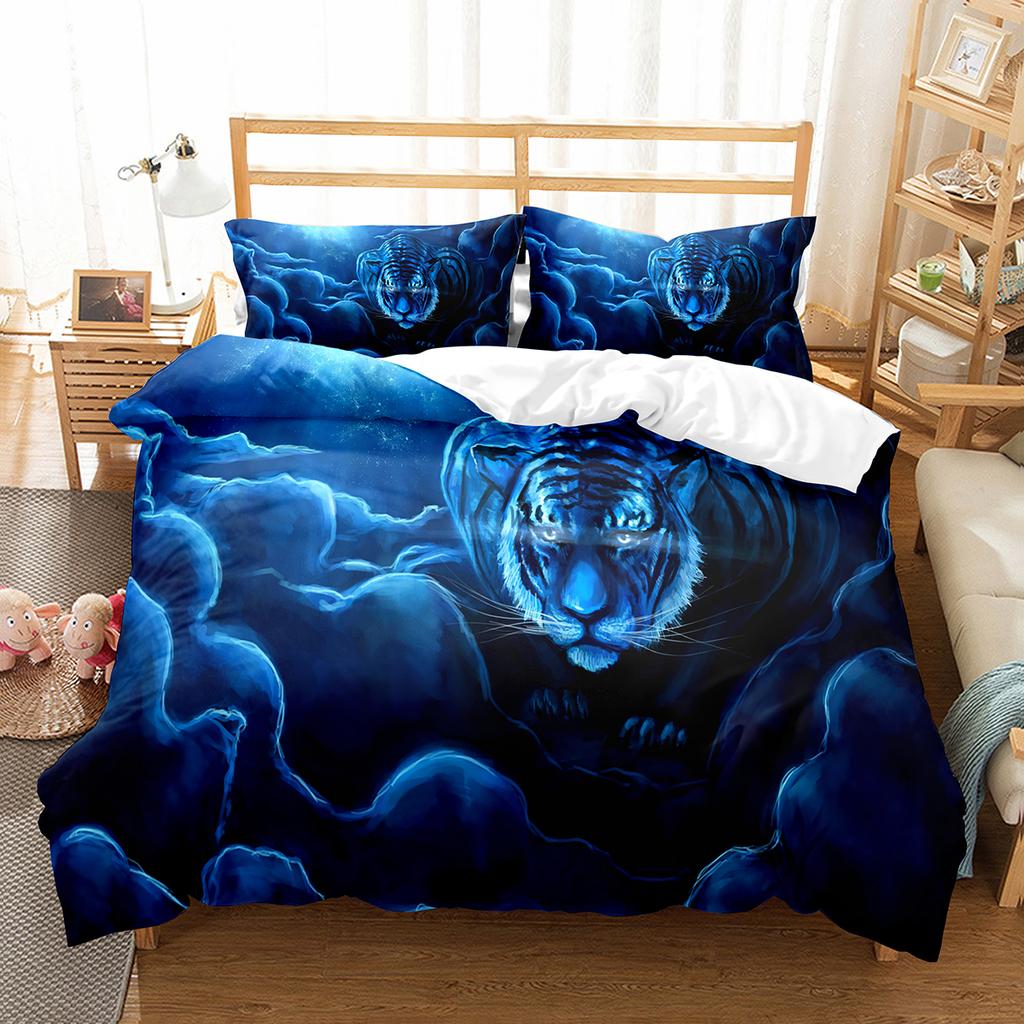 Tiger Duvet Cover Set Purple Flower Comforter Cover Boys African Safari Wild Animals Big Cat Queen King Polyester Quilt Cover
