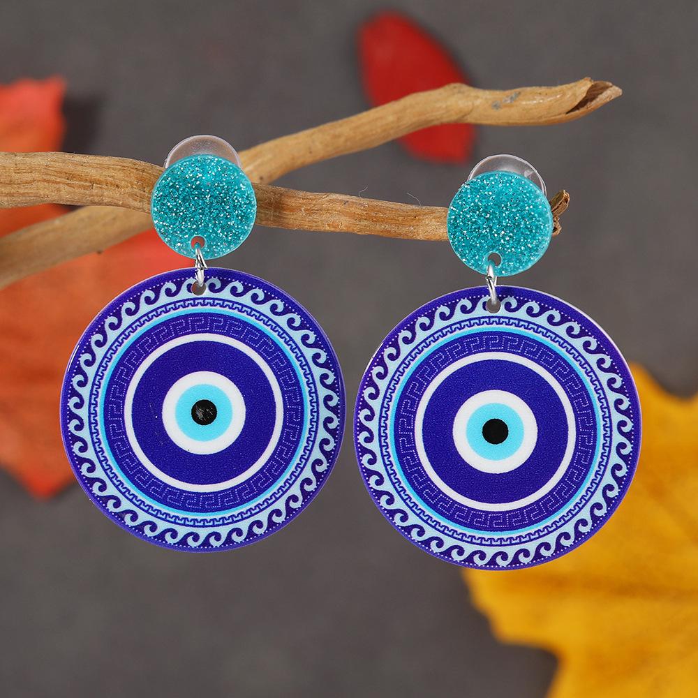 European Fashion Round Acrylic Jewelry Set: Demon Eye Palm Pendant, Earrings, Necklace, Charms