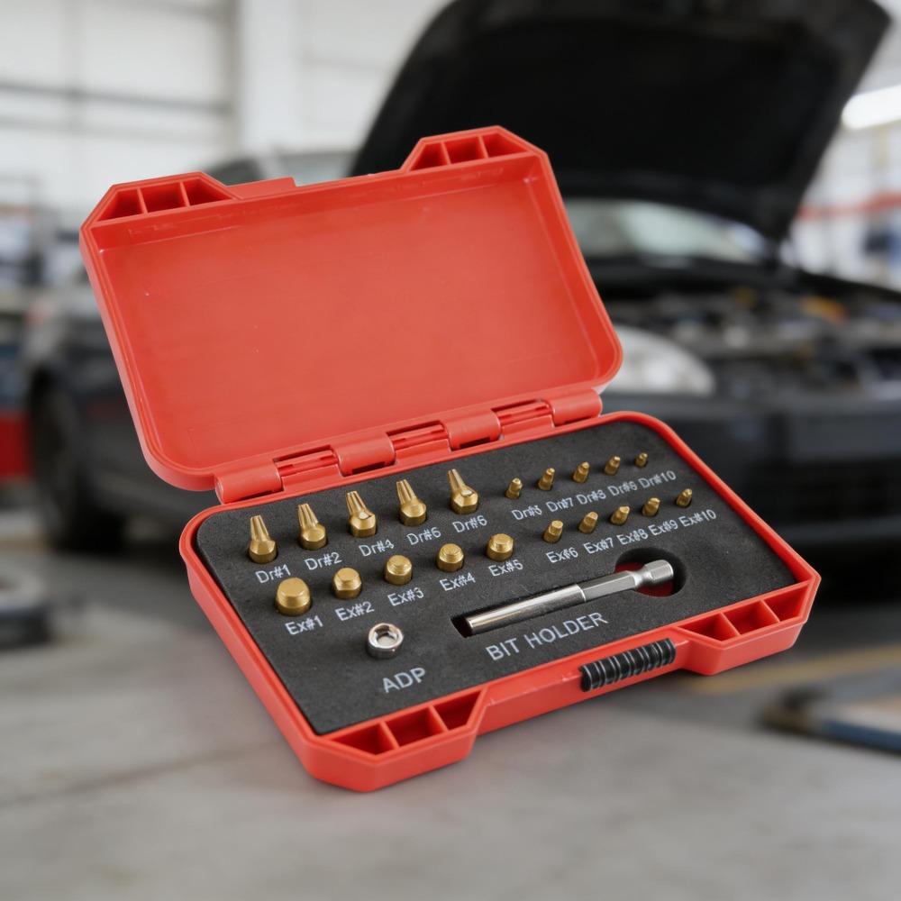 22 piece set of hexagonal shank screw extractor tool for repairing broken threads, reverse threads, and thread slippage