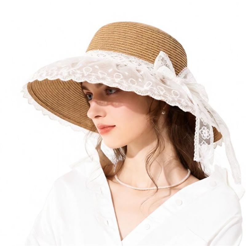 Fashion Bow Lace Straw Hat Women's Sweet and Cute Big Brim Mesh Shade Sunscreen Straw Shade Hat