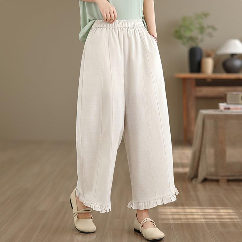 Plus size cotton Vintage high Waist Casual loose spring Summer wide leg Pants Women Trousers