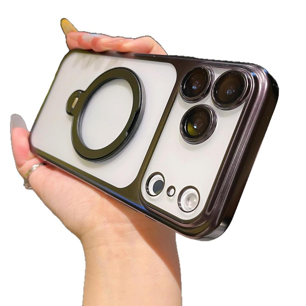 Frosted Electroplated Magnetic Phone Case with Rotating Stand & Lens Protector for iPhone 17 Pro Max