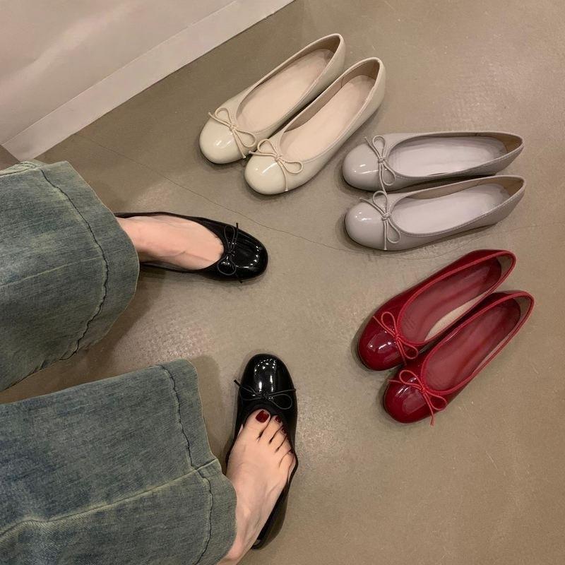 Bow fairy shallow mouth single shoes female spring and autumn retro gentle niche evening breeze flat-bottomed Doudou shoes