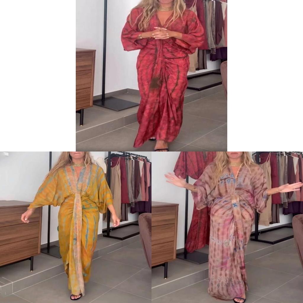 Boho potisk dlouhých šatů se zavazováním v pase pro ležérní podzimní nošení