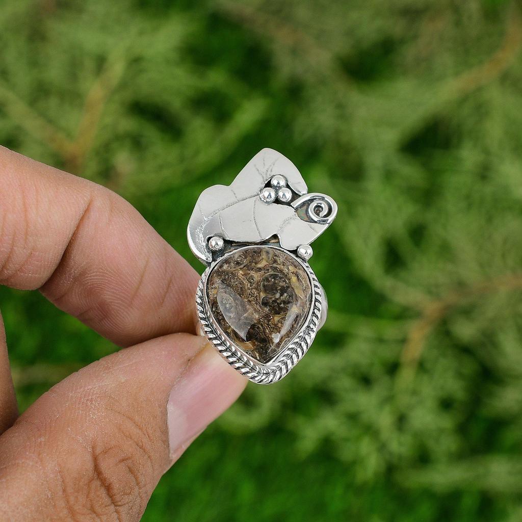 Natural Turritella Agate Gemstone 925 Silver Statement Ring Size 7.75 For Girls