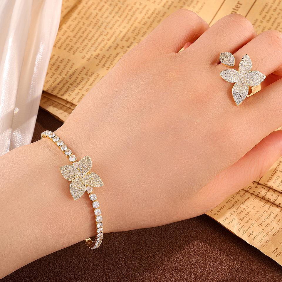 ZAKOL Luxury Brilliant Full Micro-inlaid Zircon Leaf Flower Bracelet Ring for Women Buling CZ Engagement Wedding Party Zircon