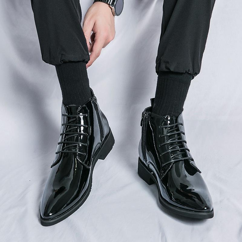 Men's Autumn High-Top Pointed Toe Boots - Trendy Martin Style, Stylish Patent Leather with Side Zipper.