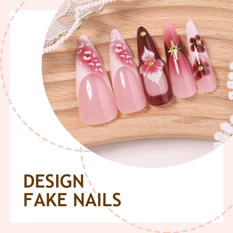 24 Pieces Long Pointed Wearing Nail 3D Three-dimensional Flower Fake Nail Patch French Manicure Gold Pure Handmade Wearing Nail