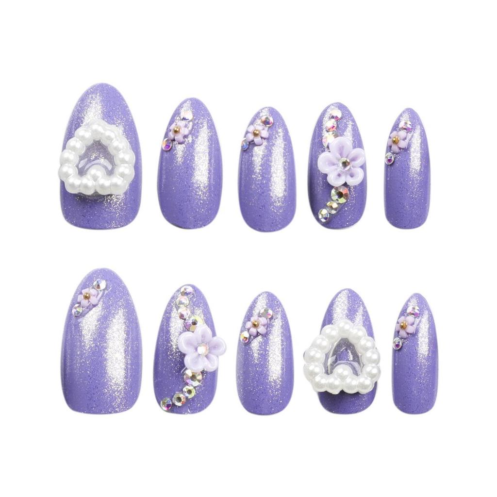 Purple Almond Gypsophila Wearable Nails with Pearl Heart and White Camellia Flowers False Nails Set