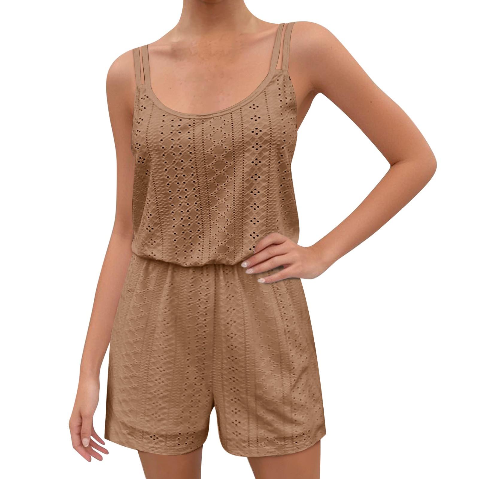 Women s Hollow Jumpsuit Spaghetti Straps Bohemian Summer Casual Jumpsuit Shorts XXL верблюд